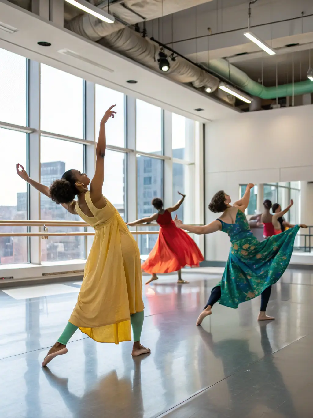 A dynamic image of a contemporary dance class at the center, featuring dancers of various ages and skill levels moving in sync.