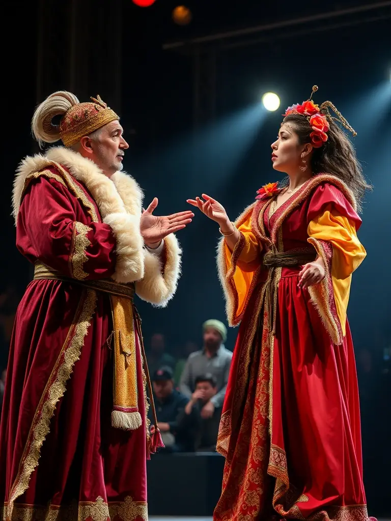A captivating shot of a theatrical performance taking place on the stage of ASS GEST CENT POLYV DE CAVAN, highlighting the actors, costumes, and set design.