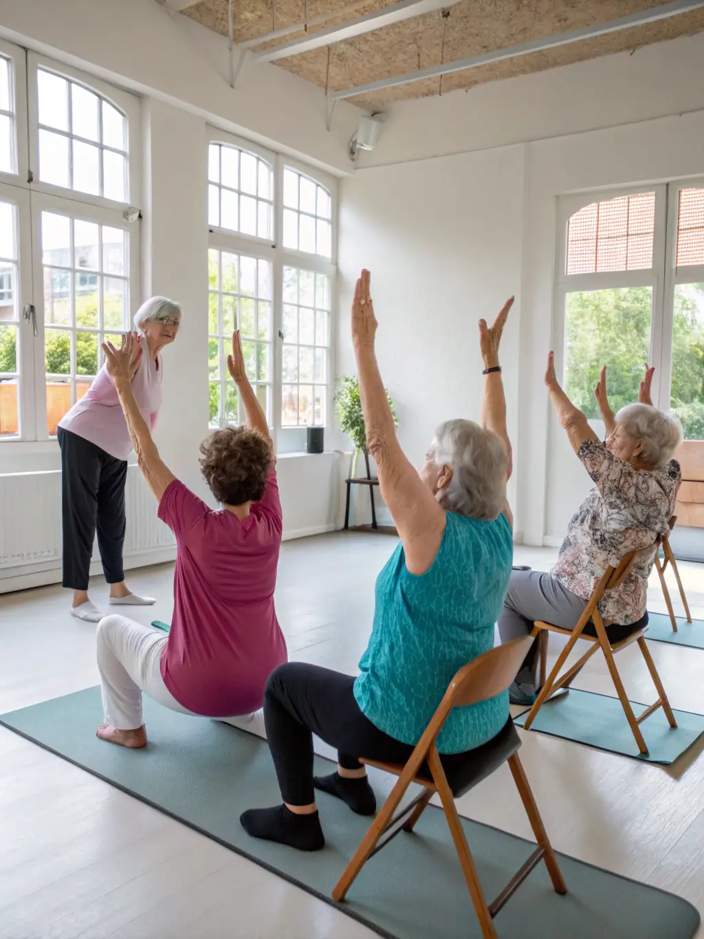 A photograph of a group of seniors participating in a gentle exercise class at ASS GEST CENT POLYV DE CAVAN, emphasizing their active engagement and social interaction.