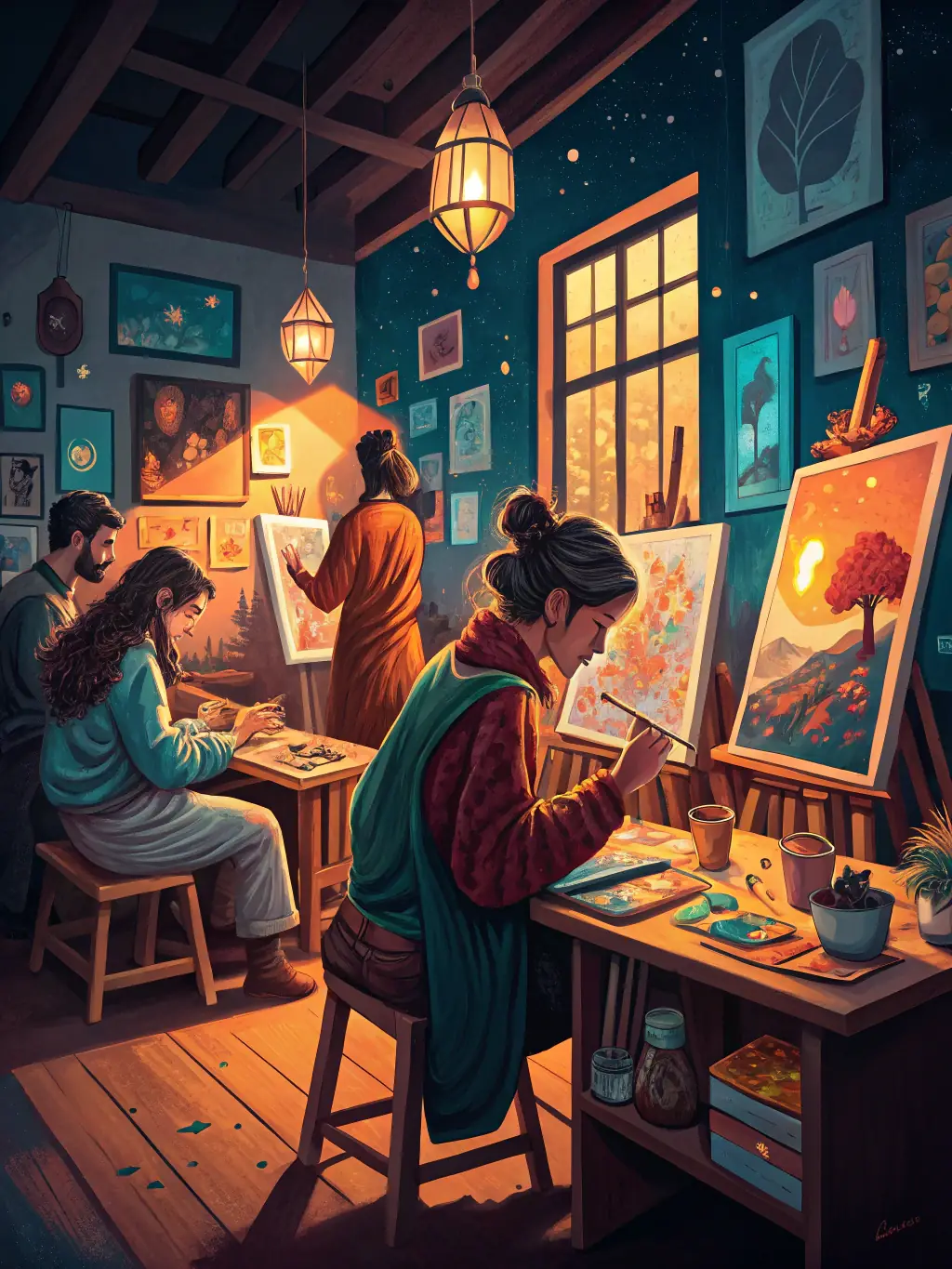 A captivating shot of a local artist leading a painting workshop at ASS GEST CENT POLYV DE CAVAN, with participants creating their own masterpieces.