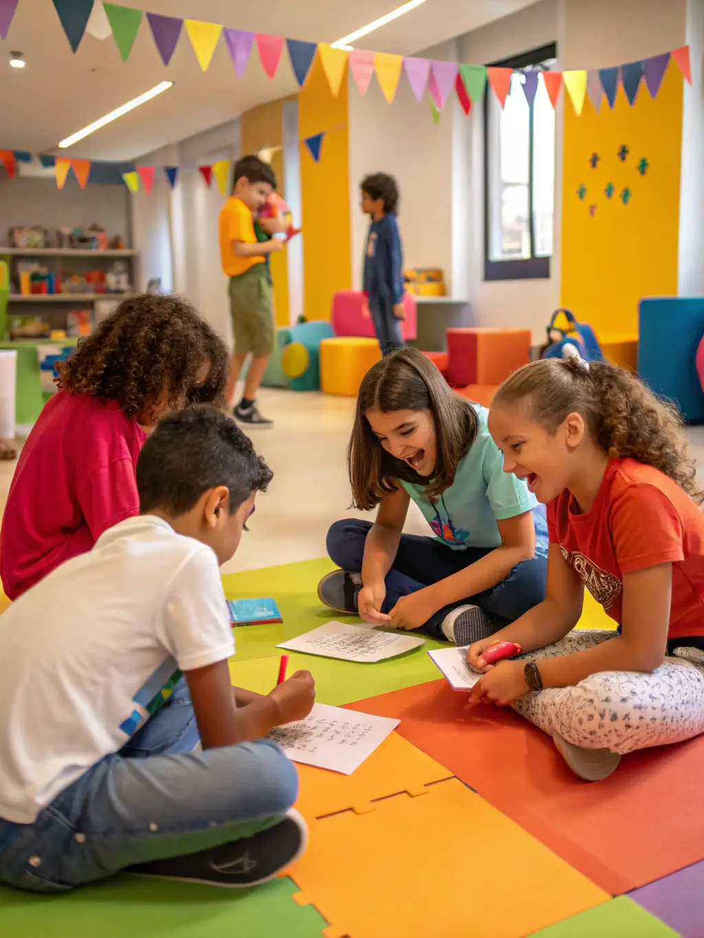 A vibrant photograph capturing a children's theater workshop in progress at ASS GEST CENT POLYV DE CAVAN, showcasing kids actively participating and learning.