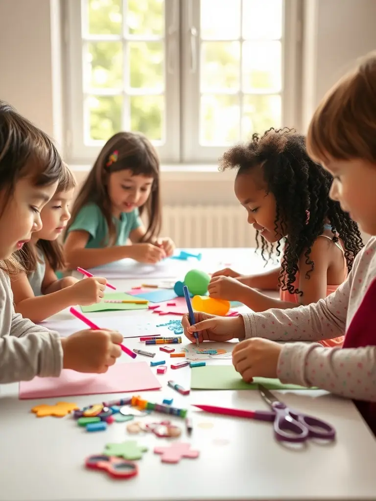 A vibrant photograph capturing children participating in an art workshop at ASS GEST CENT POLYV DE CAVAN, showcasing their colorful creations and enthusiastic engagement.